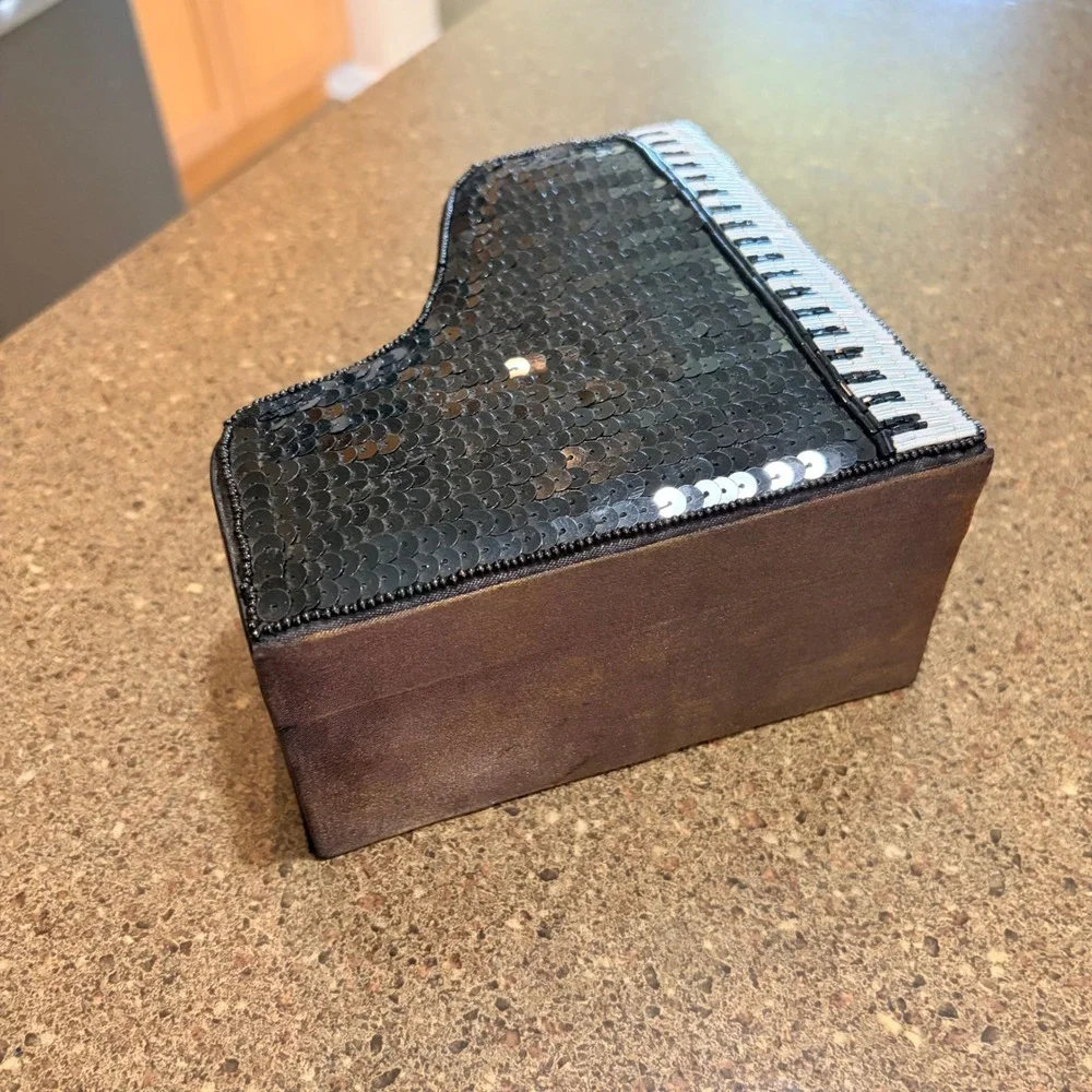 Grand Piano Sequin Beaded Jewelry Trinket Box Black White